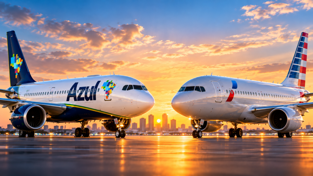 Imagem ilustrativa de aviões com as marcas da Azul e da American Airlines em um aeroporto ao pôr do sol.