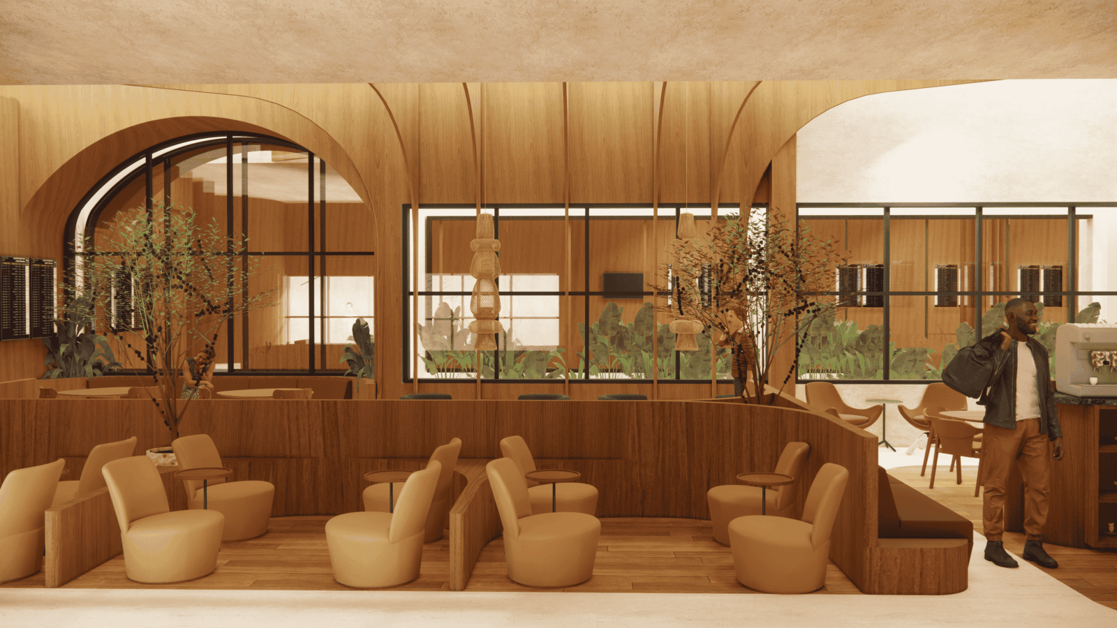 Perspectiva ilustrativa do Amaní Lounge, com mobiliário e revestimentos em madeira