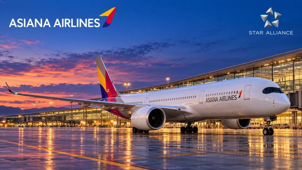 Ilustração de avião da Asiana em aeroporto ao entardecer, com símbolos separados da companhia e da Star Alliance.