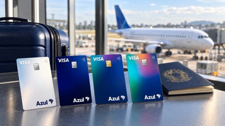 Composição ilustrativa editada com IA, com quatro cartões Azul Itaucard baseados na referência enviada, em cenário de aeroporto.