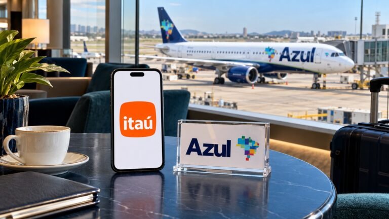 Logos Itaú e Azul em um lounge de aeroporto, com aeronave Azul ao fundo; imagem ilustrativa gerada por IA.