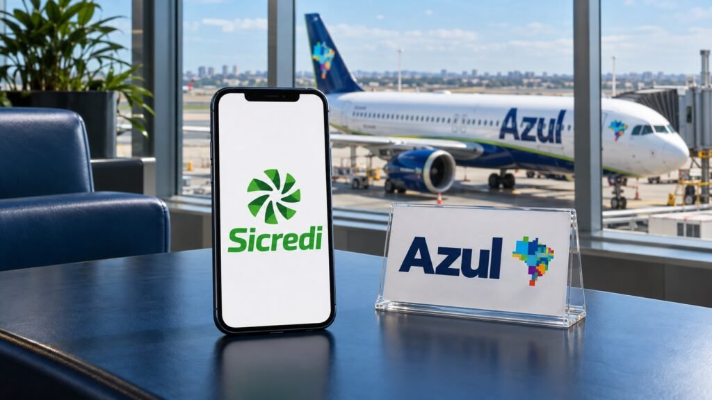 Marcas Sicredi e Azul em um lounge de aeroporto, com avião Azul ao fundo; ilustração gerada por IA.
