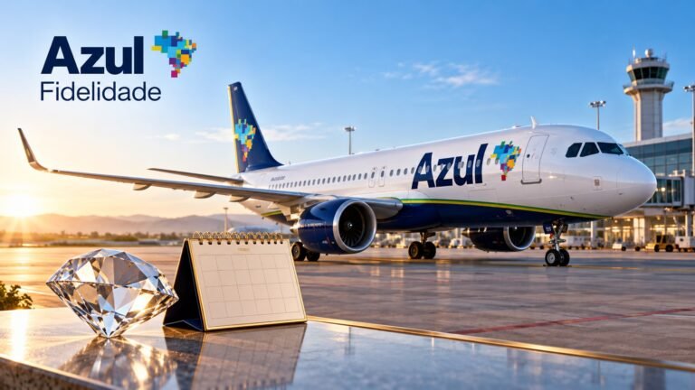 Ilustração de avião da Azul em aeroporto, com a marca Azul Fidelidade, um diamante e calendário simbolizando categoria e antecedência.