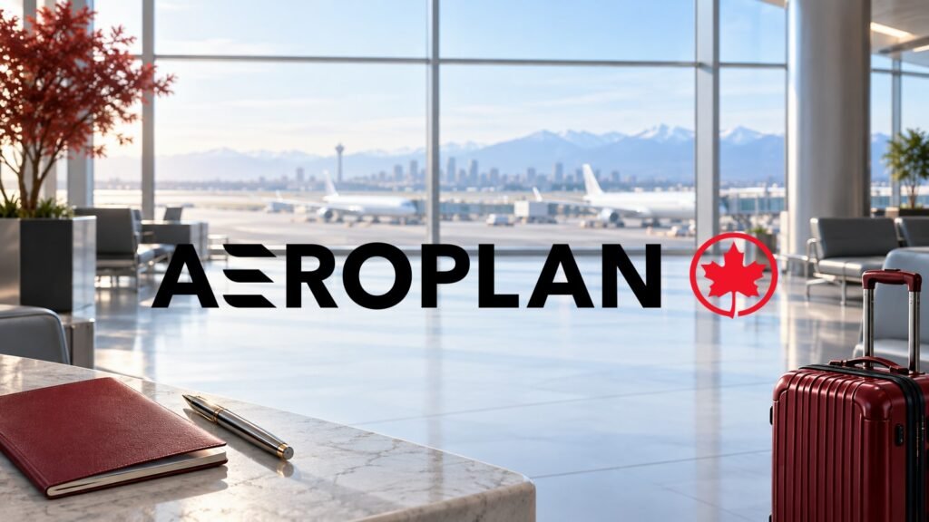 Logomarca oficial do Aeroplan sobre ilustração de um lounge de aeroporto com acessórios de viagem.