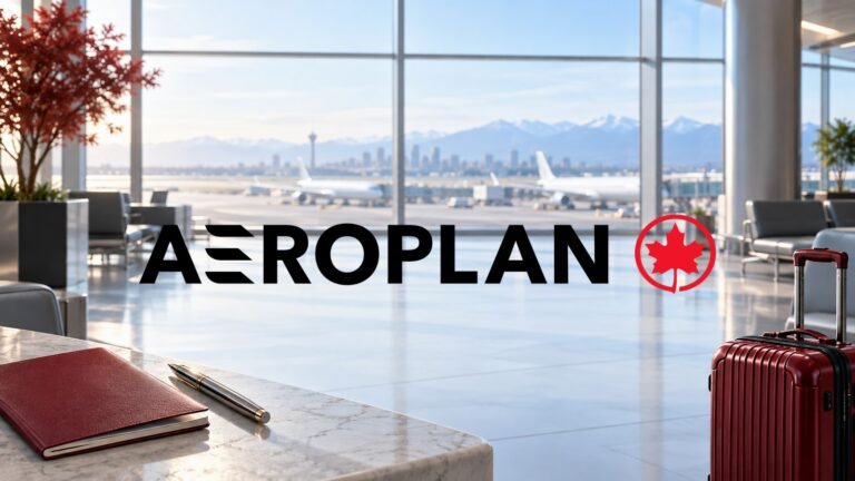 Logomarca oficial do Aeroplan sobre ilustração de um lounge de aeroporto com acessórios de viagem.