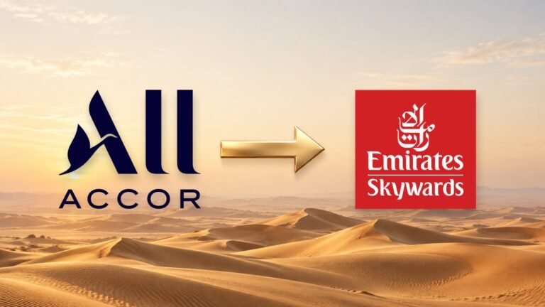 Logomarcas oficiais do ALL Accor e Emirates Skywards com seta de transferência sobre ilustração de dunas