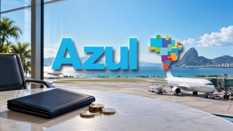 Logomarca oficial da Azul sobre ilustração de um aeroporto à beira-mar com carteira e moedas.