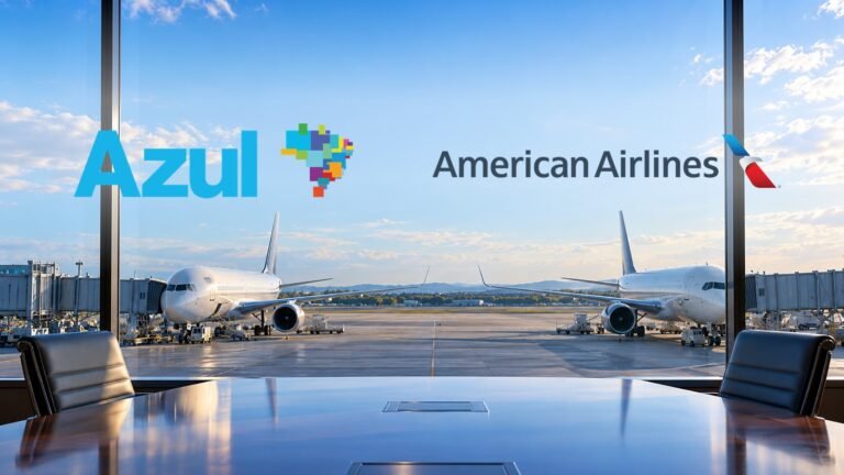 Logomarcas oficiais da Azul e da American Airlines sobre ilustração de um terminal de aeroporto.