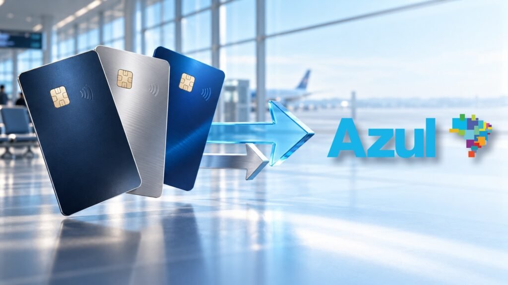 Três cartões genéricos e setas tridimensionais apontam para a logomarca oficial da Azul, destacada com sombra.