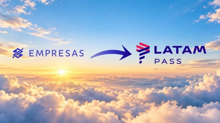 Logomarcas do BB Empresas e LATAM Pass, com seta de transferência da esquerda para a direita, sobre um céu com nuvens.