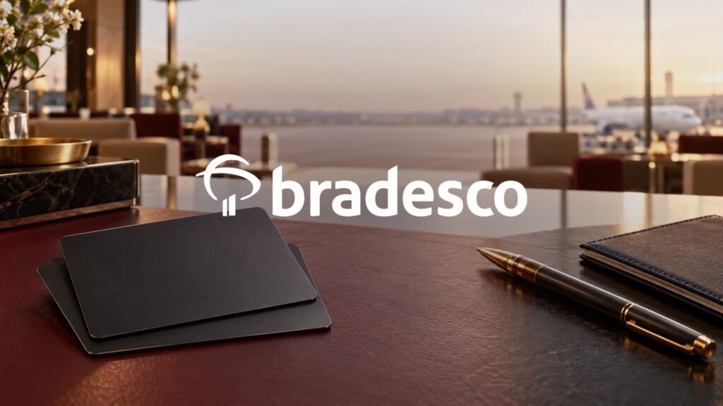 Logomarca oficial do Bradesco sobre uma cena ilustrativa com cartões sem identificação e objetos de viagem.
