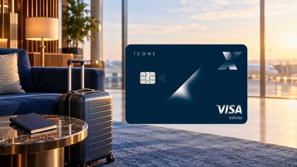 Imagem oficial do cartão CAIXA Ícone Visa sobre uma cena ilustrativa de sala de embarque.