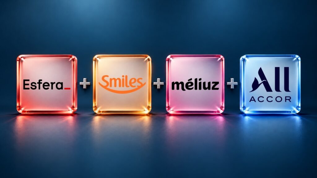 Logomarcas oficiais Esfera, Smiles, Méliuz e ALL Accor em quadrados de vidro tridimensionais vermelho, laranja, rosa e azul, com sinais de mais entre as marcas.