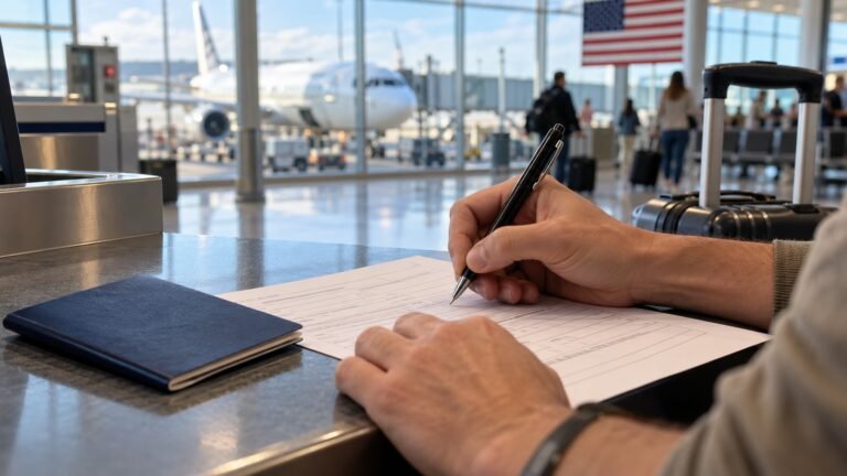 Ilustração de viajante preenchendo uma declaração no balcão de check-in, com aeronave e bandeira dos Estados Unidos ao fundo.