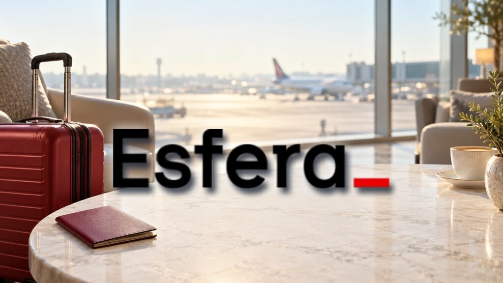 Logomarca oficial da Esfera sobre ilustração de uma sala de embarque com mala vermelha.