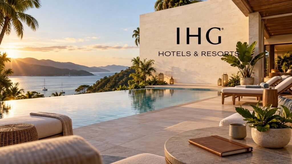 Logomarca oficial da IHG Hotels & Resorts sobre ilustração de hotel com piscina e vista para uma baía ao pôr do sol.