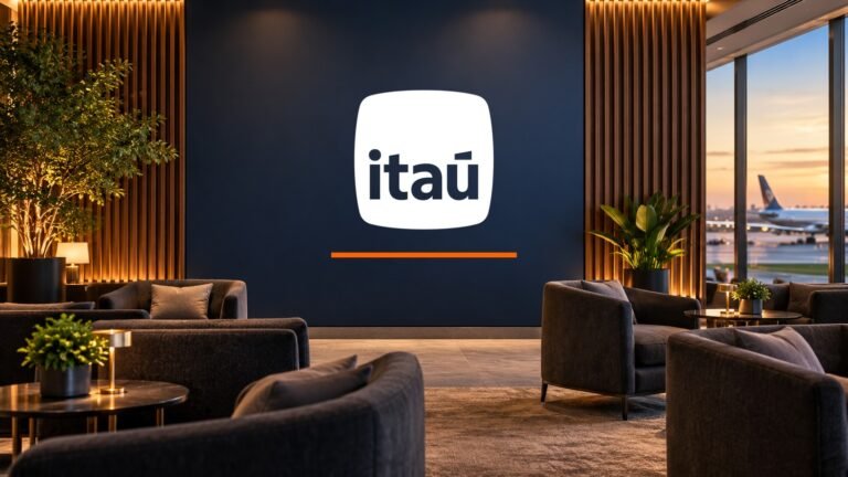 Logomarca oficial do Itaú em composição ilustrativa de uma sala VIP de aeroporto.