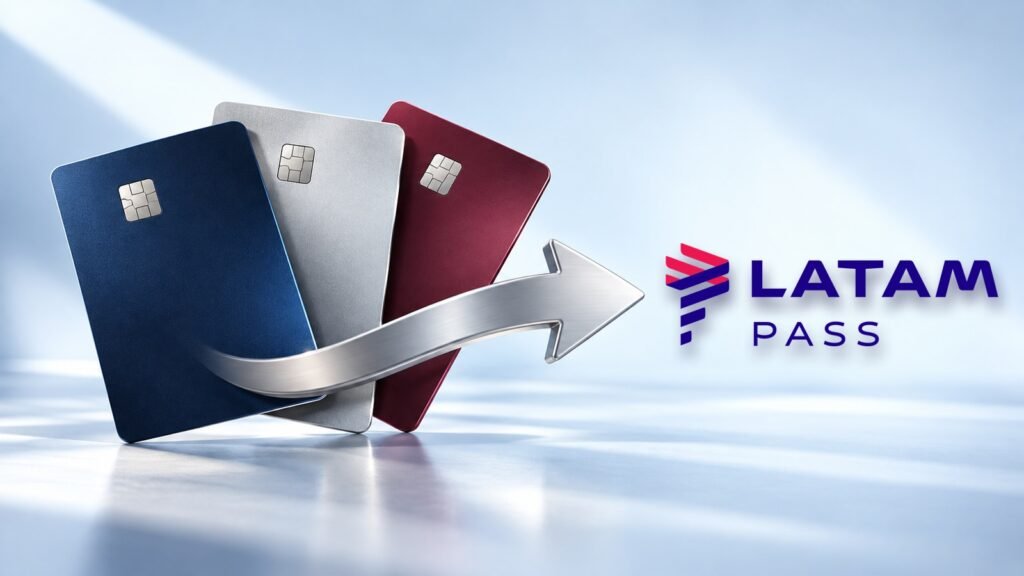 Cartões bancários ilustrativos e seta tridimensional apontando para a logomarca oficial LATAM Pass, sobre fundo azul-claro.