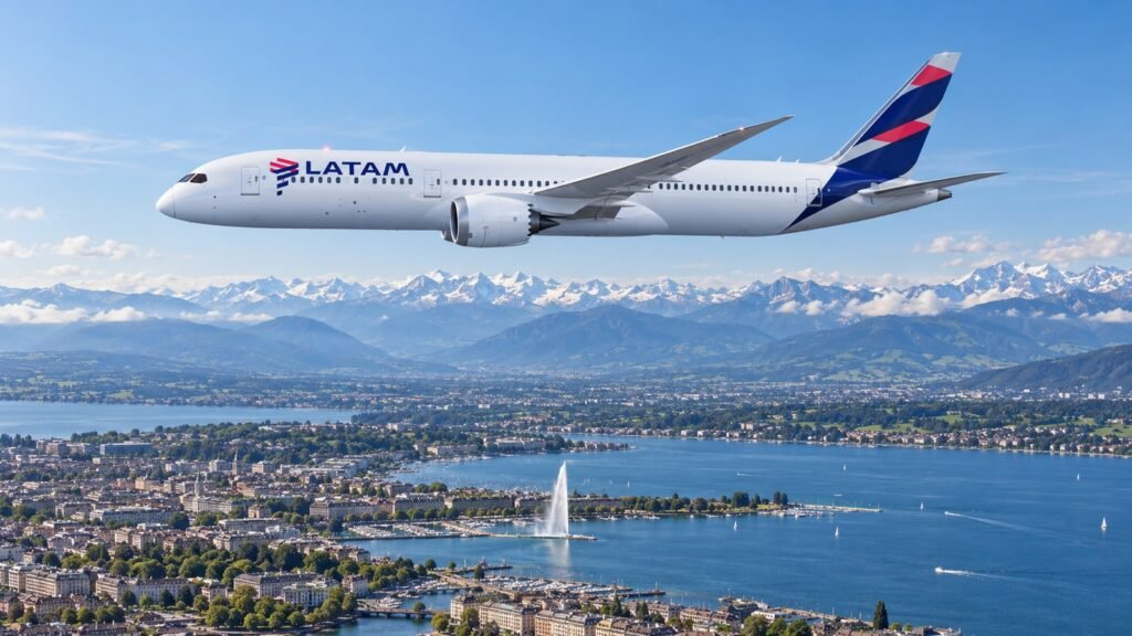 Ilustração hiper-realista de um avião da LATAM em voo nivelado sobre Genebra, com o lago e o Jet d’Eau ao fundo