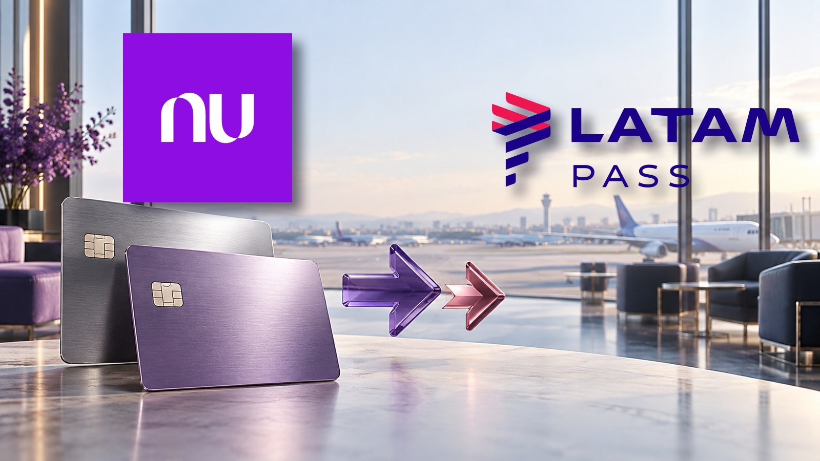 Logomarcas oficiais Nubank Croma e LATAM Pass em tamanho grande com sombras, cartões genéricos e setas em 3D indicando transferência de pontos.
