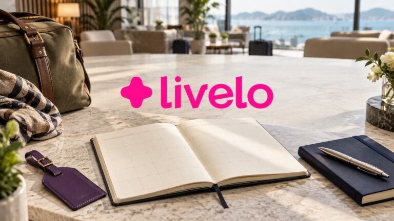 Logomarca oficial da Livelo sobre cena ilustrativa de planejamento de viagens com agenda e acessórios.