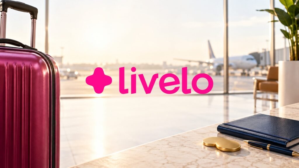 Logomarca oficial da Livelo ao centro, com mala magenta e objetos de viagem em um aeroporto.