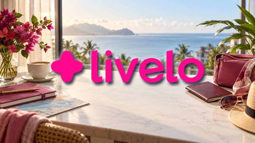 Logomarca oficial da Livelo sobre cenário ilustrativo de planejamento de viagem.