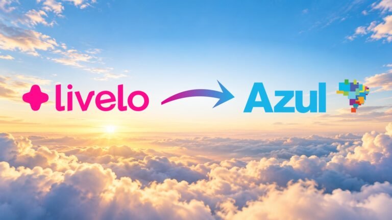 Logomarca oficial da Livelo à esquerda e da Azul à direita, ligadas por uma seta sobre nuvens.
