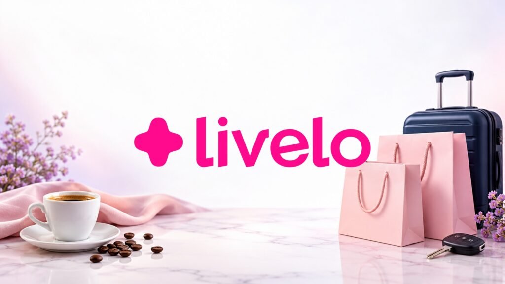 Logomarca oficial da Livelo no centro, com café, sacolas, mala e chave de carro em fundo ilustrativo.