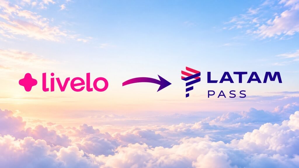 Logomarcas oficiais da Livelo à esquerda e do LATAM Pass à direita, com seta indicando a transferência de pontos sobre um céu com nuvens.