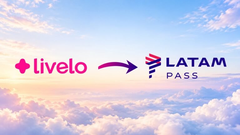 Logomarcas oficiais da Livelo à esquerda e do LATAM Pass à direita, com seta indicando a transferência de pontos sobre um céu com nuvens.