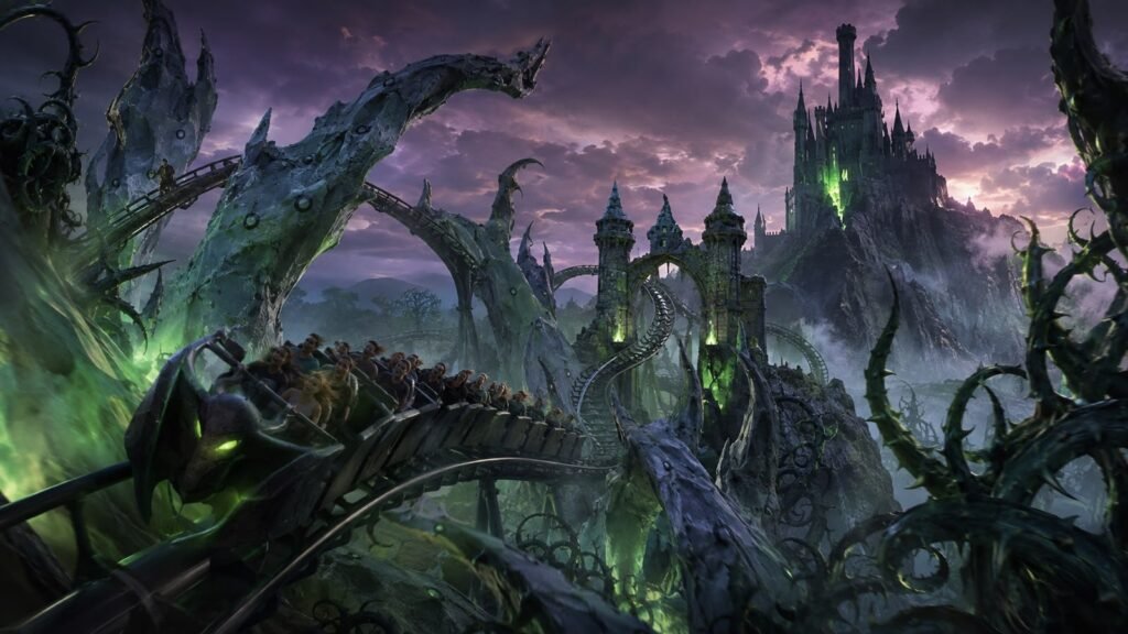Arte conceitual da montanha-russa da Malévola em Villains Land, com espinheiros encantados e fortaleza ao fundo no Magic Kingdom.