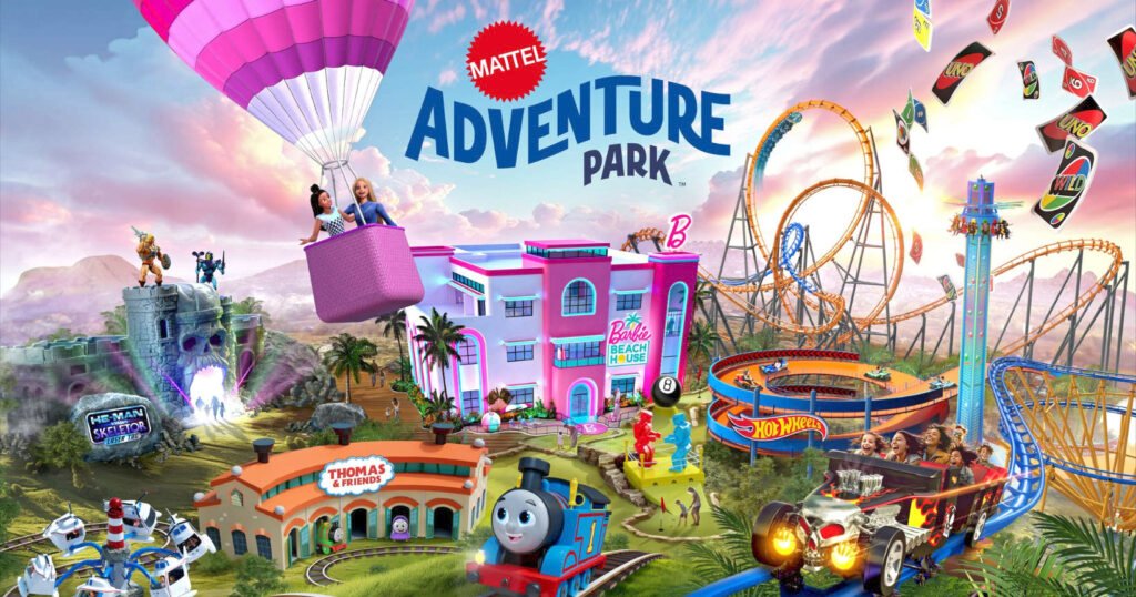 Arte promocional Mattel Adventure Park com Barbie, Hot Wheels e outros personagens.
