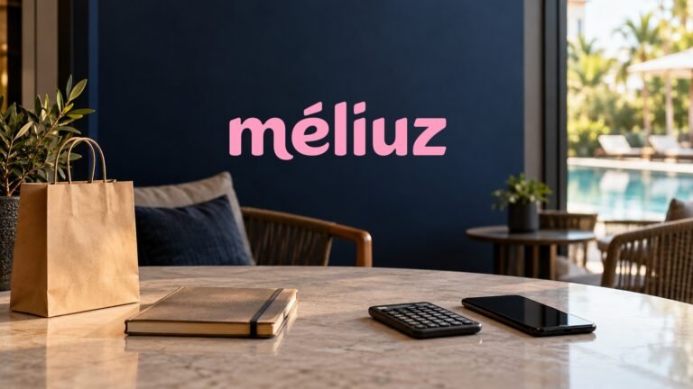 Logomarca oficial do Méliuz sobre cena de planejamento de compras e viagens em um lounge de hotel.