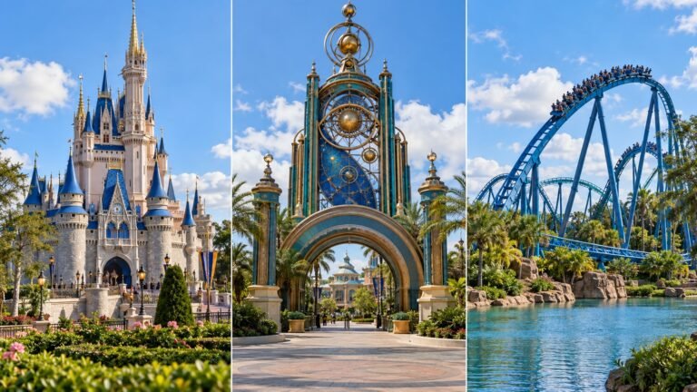 Montagem ilustrativa com castelo do Magic Kingdom, portal do Epic Universe e montanha-russa entre vegetação e lago, em três cenas separadas de Orlando.