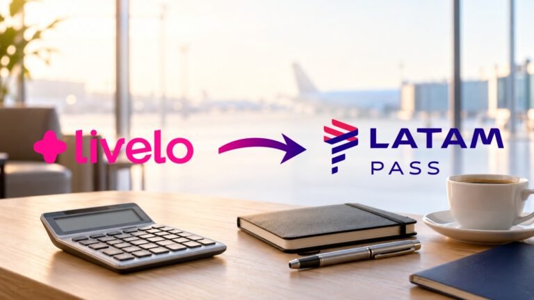 Logomarcas oficiais da Livelo e do LATAM Pass ligadas por uma seta sobre cena de planejamento de viagem com calculadora e caderno em um aeroporto.