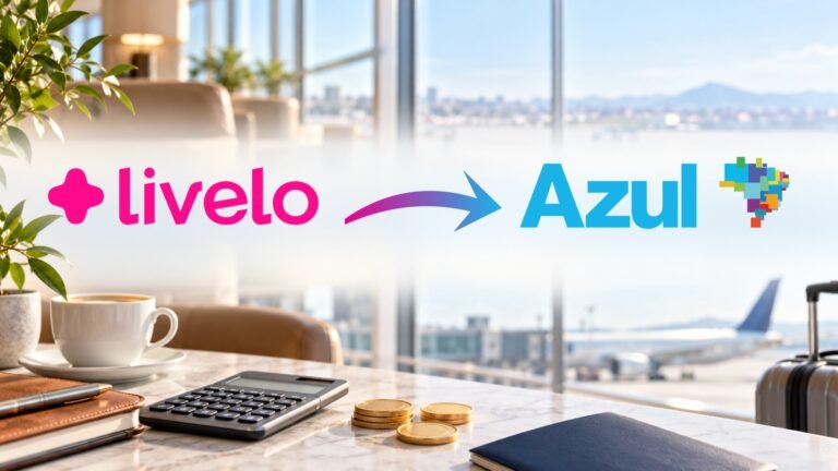 Logomarcas oficiais da Livelo e da Azul com seta de transferência, sobre cena ilustrativa de planejamento de viagem com calculadora, passaporte e avião ao fundo.