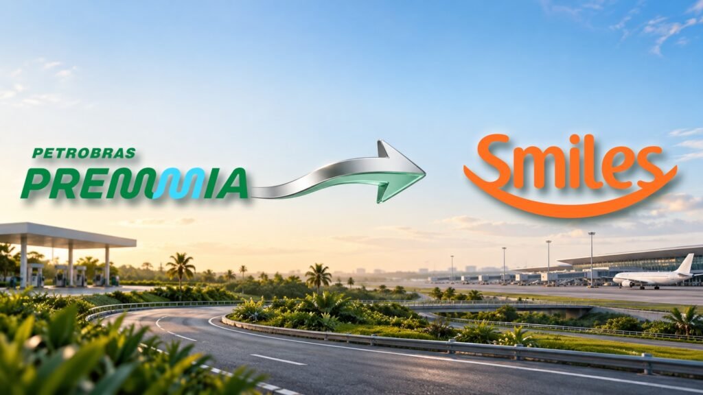 Logomarcas oficiais Premmia à esquerda e Smiles à direita, ligadas por uma seta em 3D, em cenário ilustrativo que conecta abastecimento e viagens aéreas.