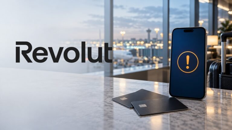 Logomarca oficial da Revolut ao lado de celular com símbolo ilustrativo de alerta e cartões, em um aeroporto.