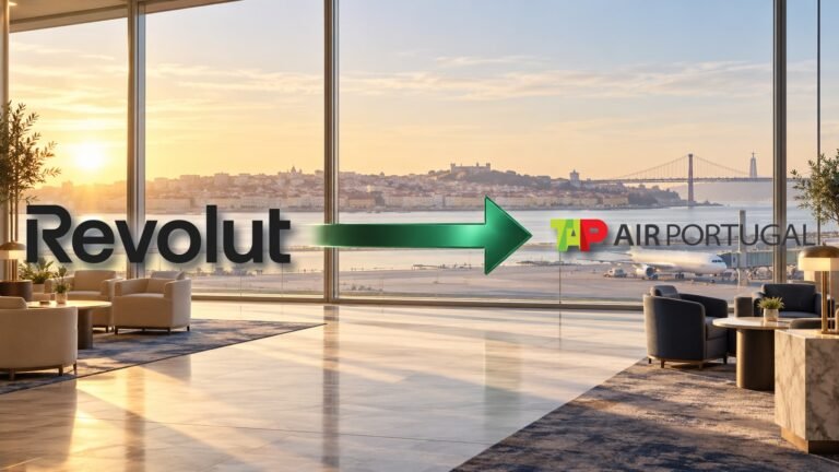 Logomarcas oficiais da Revolut à esquerda e da TAP Air Portugal à direita, ligadas por uma seta em 3D, sobre cenário ilustrativo de aeroporto.