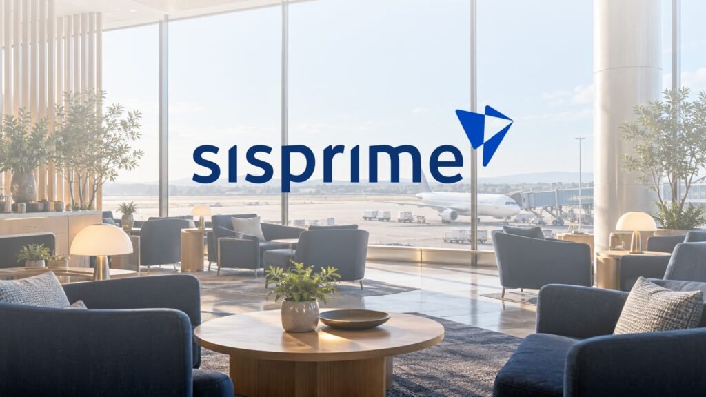 Logomarca oficial Sisprime do Brasil sobre uma sala VIP aeroportuária fictícia.