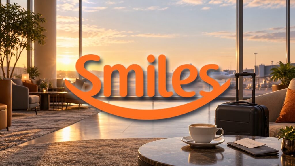 Logomarca oficial da Smiles sobre ilustração de um lounge de aeroporto ao pôr do sol.