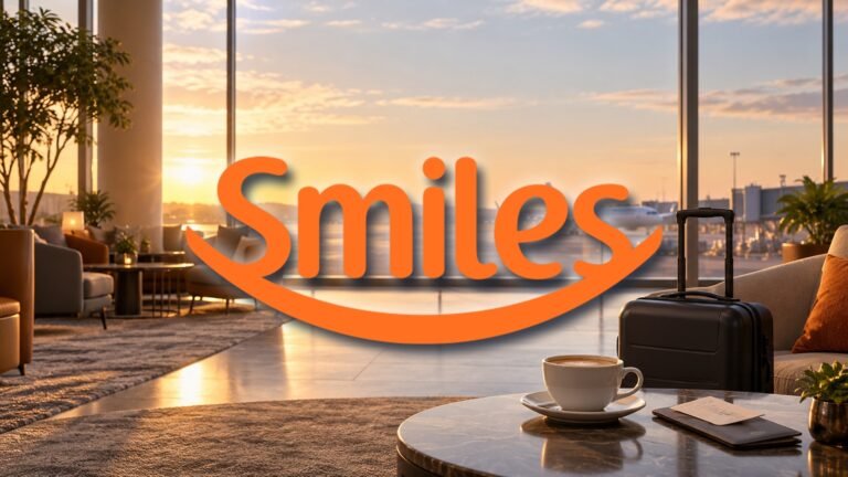Logomarca oficial da Smiles sobre ilustração de um lounge de aeroporto ao pôr do sol.