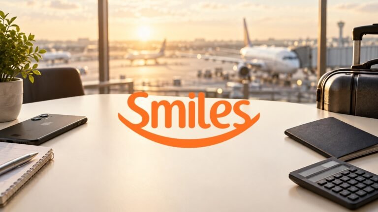 Logomarca oficial da Smiles sobre mesa de planejamento de viagens com calculadora e aeroporto ao fundo.