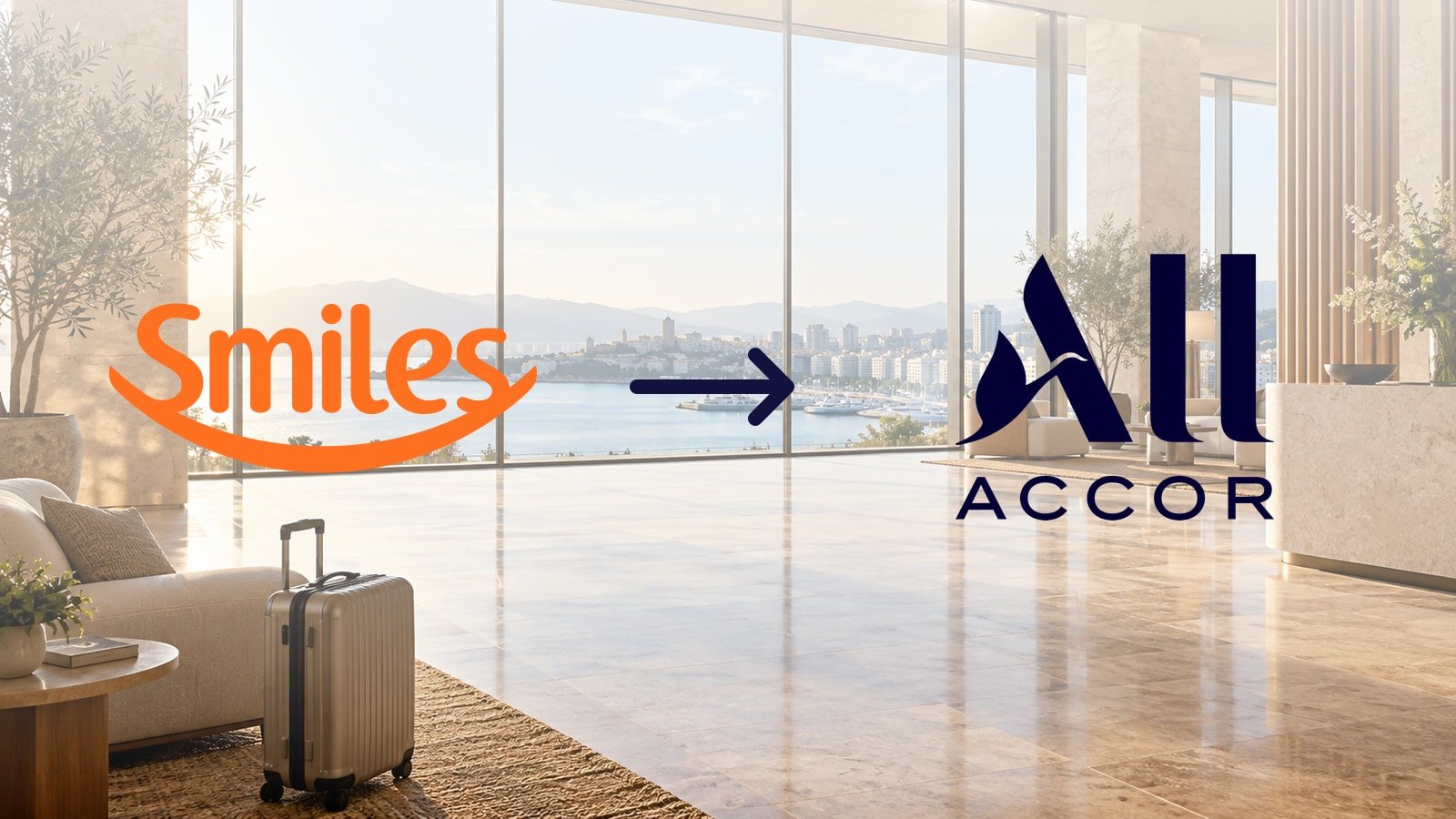 Logomarcas oficiais Smiles e ALL Accor com seta de transferência sobre um lobby de hotel ilustrativo.