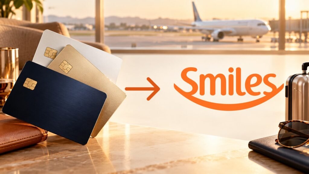 Cartões de crédito ilustrativos com seta em direção à logomarca oficial da Smiles.