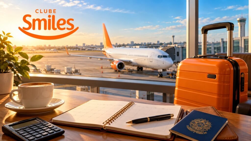 Ilustração do Clube Smiles com mala laranja, calendário de planejamento, passaporte e avião em um aeroporto.