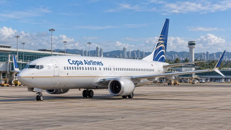 Ilustração gerada por IA de um avião com a marca Copa Airlines em um pátio de aeroporto.