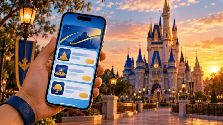 Ilustração por IA de celular com interface conceitual de reservas e castelo do Magic Kingdom ao fundo, em Orlando.