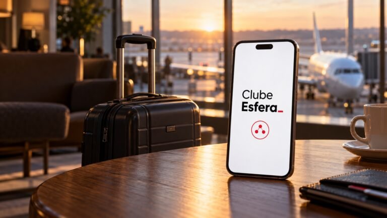 Celular com a marca Clube Esfera ao lado de uma mala em um lounge de aeroporto; cena ilustrativa gerada por IA.
